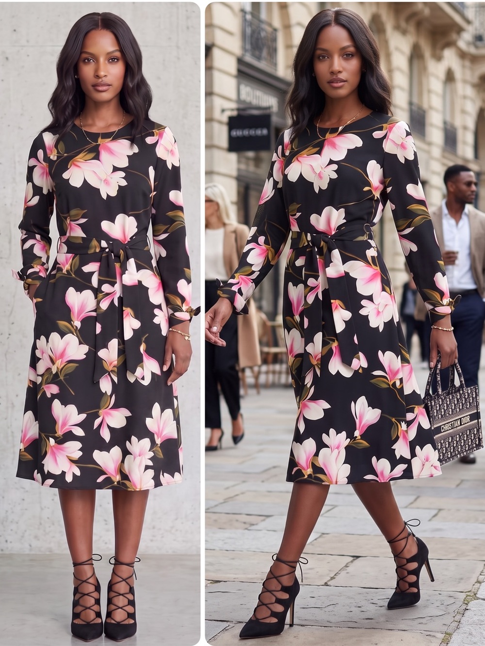 Halston Black Floral Print Tie-Waist Long Sleeve Midi Dress NWT